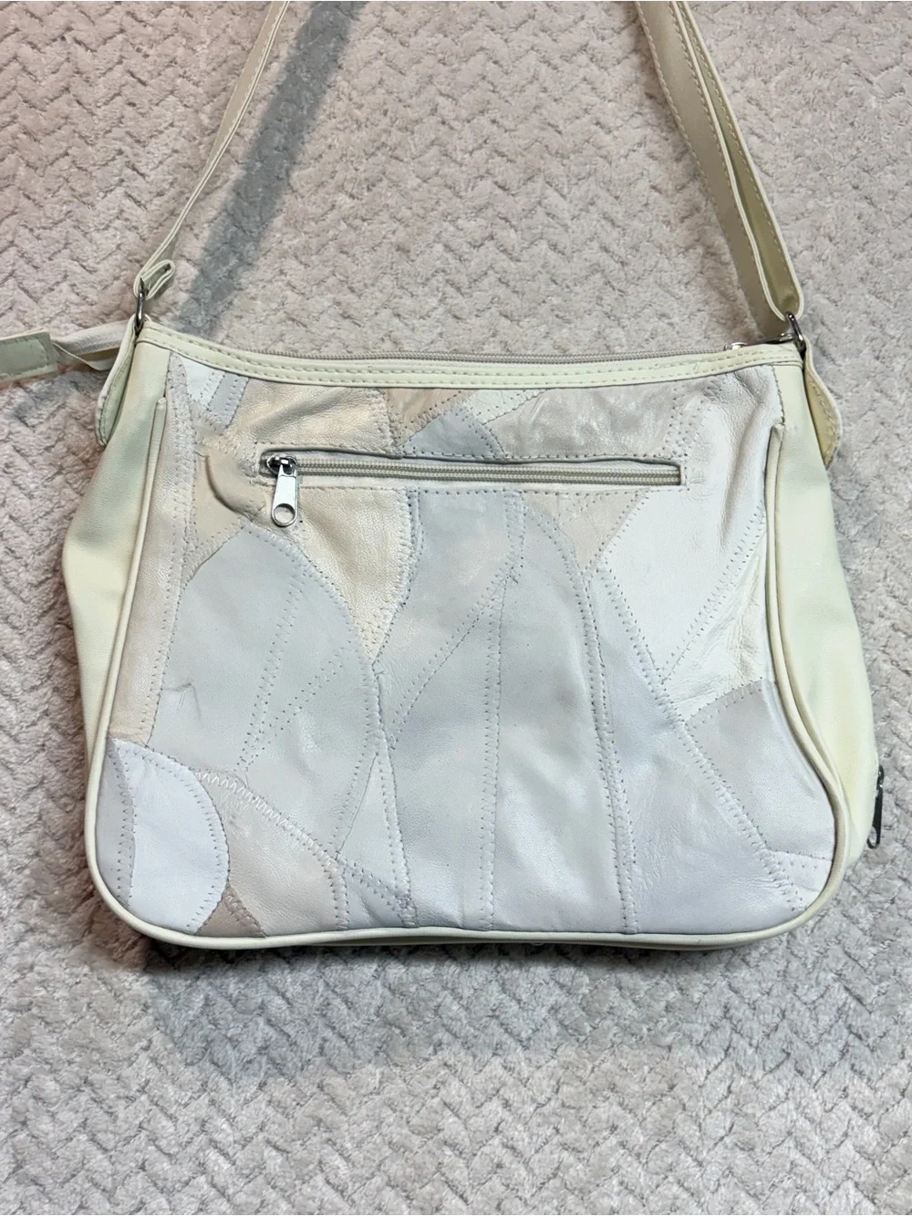 Vintage Patchwork Lambskin Leather Crossbody Bag Cream Beige Boho Y2K 90s